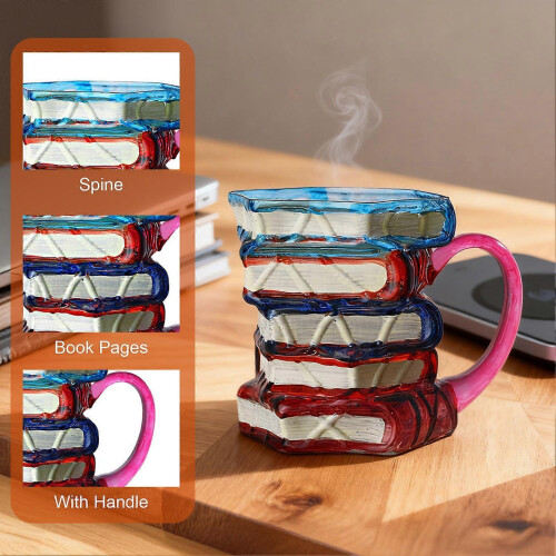 3D Book Stacking Coffee Mug - 420ml Hand Drawn - for Book Lovers Teachers Librarians 2