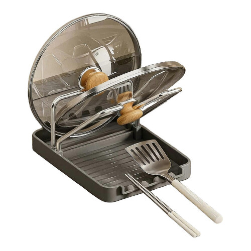 (Dual Layer, Grey) Pot Lid Storage Rack – with Drain Tray Spoon Rest – for Kitchen Counter