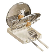 (Dual Layer, Milky White) Pot Lid Storage Rack – with Drain Tray Spoon Rest – for Kitchen Counter