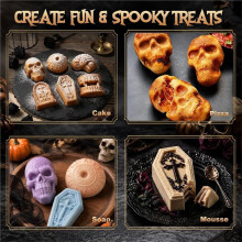Skull Cake Pizza Pan 6 Spooky Shapes Halloween Silicone Baking Mold Skull Eyeball Fangs Tombstone Coffin Brain Cake Mold