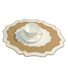 (Brown) Scalloped Linen Placemat – Machine Washable for Kitchen Restaurant