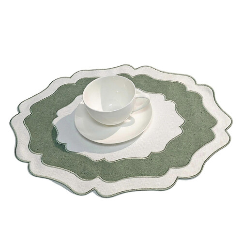 (Green) Scalloped Linen Placemat – Machine Washable for Kitchen Restaurant