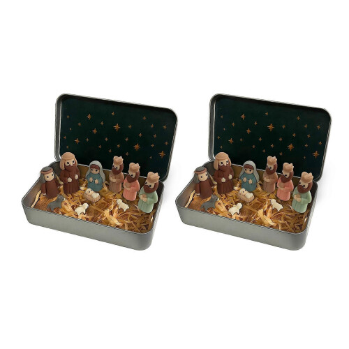 (2pcs B) Mini Nativity Scene in Tin Box - Handcrafted Pocket Size - for Christmas Table Decor