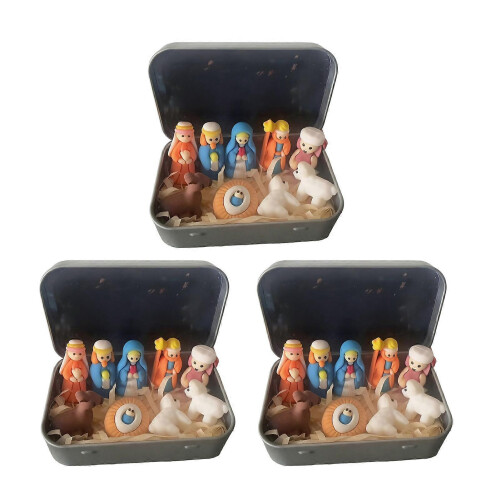 (3pcs A) Mini Nativity Scene in Tin Box - Handcrafted Pocket Size - for Christmas Table Decor