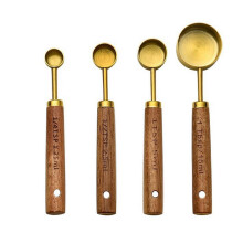 (B, Golden) Measuring Spoons Set – Gold-Plated Stainless Steel Baking Tools with Wood Handle