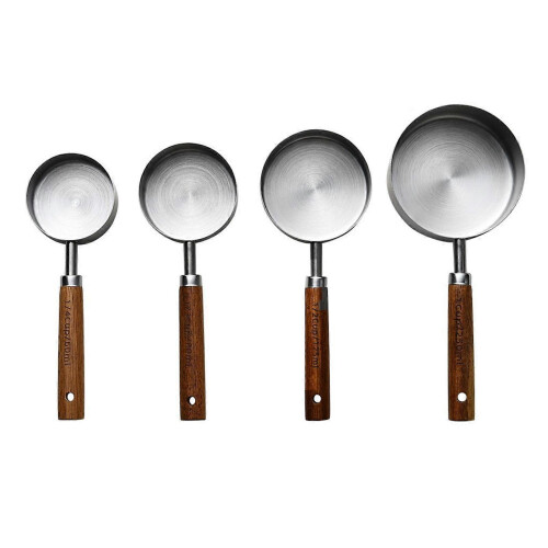 (A, Silver) Measuring Spoons Set – Gold-Plated Stainless Steel Baking Tools with Wood Handle