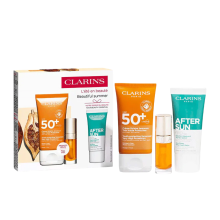 Set Clarins: Clarins Hydrating Sunscreen Cream For Face SPF 50+ 50 ml + After Sun Regenerating After-Sun Balm 30 ml + Lip Confort Lip Oil 01 7 ml