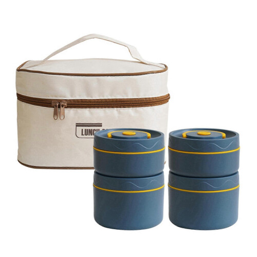 (Four Layer, Blue) Insulated Lunch Box Set – Stackable Tiers – for Work Travel
