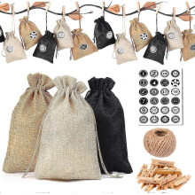 Advent Calendar Cloth Bags with Numbered Stickers - DIY Christmas Gift Bags, Reusable Fabric Storage for Holiday Decorations
