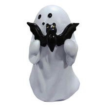 (B) Cute Resin Ghost Figurine – Holding Bat/Drink – for Halloween Party Tabletop