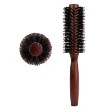 (F) Natural Wooden Handle Round Brush with Soft Boar Bristles, Detangling and Styling for All Hair Types, Portable, 22cm