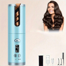 (Blue) Cordless Automatic Curling Iron with LCD Display, Adjustable Temperature and Timer, USB Rechargeable, Ceramic Barrel for Travel