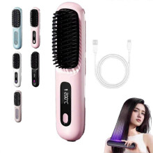 (pink) Cordless Volumizing Hair Brush for Short Hair, Heated Styler with 3 Settings, 20s Quick Heat, LED Screen, USB-C, Travel Friendly SZTCLV