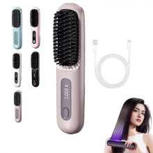 (brown) Cordless Volumizing Hair Brush for Short Hair, Heated Styler with 3 Settings, 20s Quick Heat, LED Screen, USB-C, Travel Friendly SZTCLV