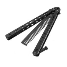 (Black) Salon Stainless Steel Practice Comb Practice Knife (Uncut) Butterfly Comb