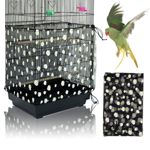 Adjustable Bird Cage Cover, Bird Cage Seed Catcher, Soft Nylon Mesh Net with Daisy Pattern
