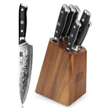 SHAN ZU Knife Set with Block, Damascus Kitchen Knife Sets 7-Piece Professional Knife Damascus Sets for Chef