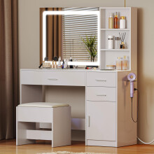 YITAHOM Dressing Table, Glass Top Vanity Table Makeup Desk with 3 Drawers and Storage Cabinets, White Bedroom Dressing Tables with Mirror and Stool