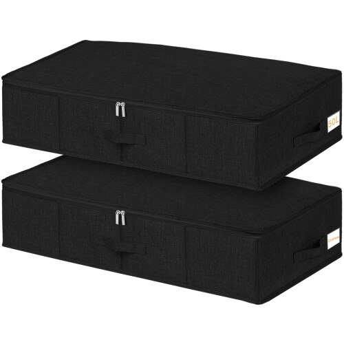 JUPELI 50L Under Bed Storage Boxes with Lids, 2 Pack, Black | Sturdy Side and Bottom Support, Foldable Thick Fabric, for Clothes, Bedding