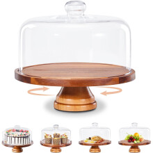 Wood Cake Stand with Glass Dome: 11in Cake Holder with Rotating Pedestal | High Base Cupcake Stand