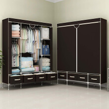 Canvas Wardrobe with 4 Drawers, 150x45x170cm Dark Coffee | Large Clothes Storage with Hanging Rail and Shelves for Bedroom