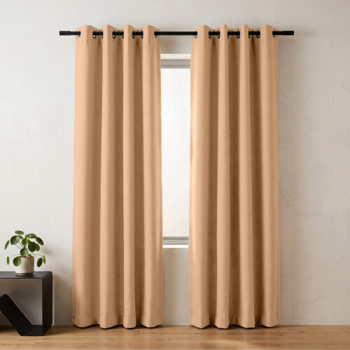 (Beige) 66x84 Dual Panel Blackout Curtains Pair with Tie Backs Ringtop Eyelet Ready Made Drapes