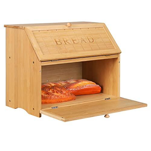 Bamboo Bread Bin Double Decker Breadbox Kitchen 15.3"x9.8"x12.6" Vintage