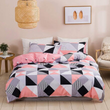 Loussiesd Girls 3 Pcs Duvet Cover Double Size, Modern Geometric Triangle Pattern Bedding Set for Kids Adults Plaid Strip Bedclothes Grey Pink White