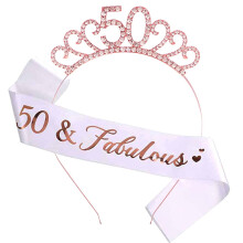 50th Birthday Sash and Crystal Tiara Crown for Decorations Women 50th Birthday Gift Party Accessories (Rose Gold)