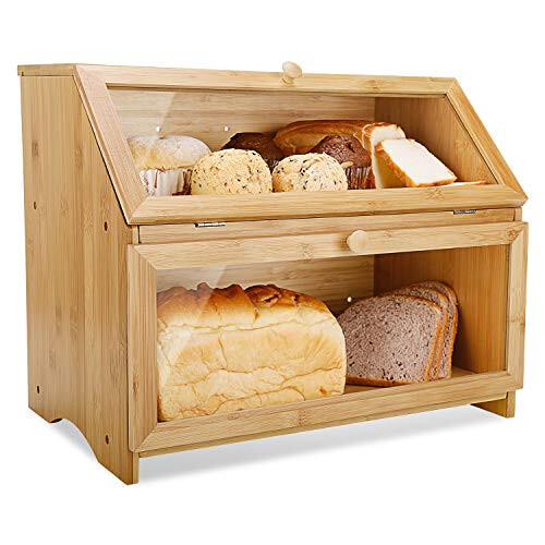 Bamboo Bread Bin Double Decker Breadbox Kitchen 15.3"x9.8"x12.6" Natural
