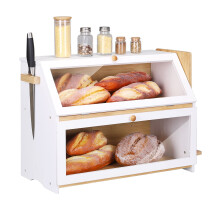 Large Bamboo Bread Bin 2 Tier Breadbox Kitchen 19.7"x9.8"x14.5" White