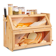 Large Bamboo Bread Bin 2 Tier Breadbox Kitchen 19.7"x9.8"x14.5" Natural