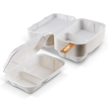 FOOGO Green 50pcs Clamshell Takeaway Boxes, 9x6 inch, 30oz / 900ml | 2 sections, Made from Natural Sugarcane Pulp, Eco-Friendly Clamshells