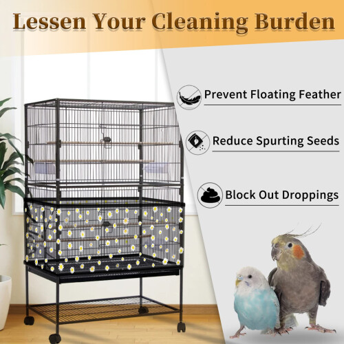 2Pcs Large Bird Cage Cover, Bird Cage Seed Catcher, Adjustable Soft Nylon Mesh Net with Daisy Pattern 1