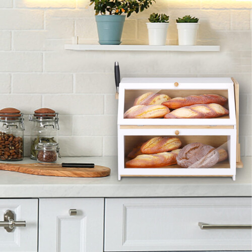 Large Bamboo Bread Bin 2 Tier Breadbox Kitchen 19.7"x9.8"x14.5" White 2
