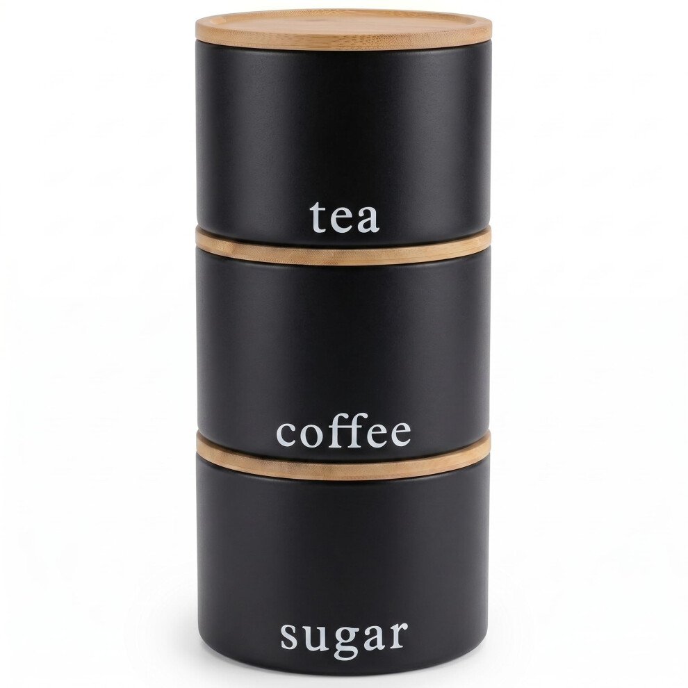 Ehc Tea, Coffee, Sugar, Canister Set, Set Of 3 Stackable Airtight Food Storage Easy To Open Storage Cansiters Jars Tin, Black - Image 2
