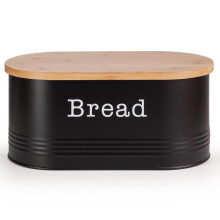 EHC Space Saving Extra Large Bread Box Bin With Wooden Lid For Kitchen Storage,Round Enamel Bread Storage Canister Bin Crock Jar For Kitchen, Black