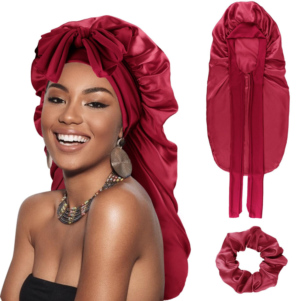 Dreshow Long Satin Braid Bonnet For Women Silk Bonnet For Sleeping Sleep Cap With Elastic Tie Band Night Cap For Long Curly Hair Locs - Image 3