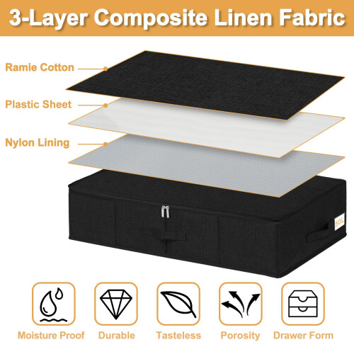 JUPELI 50L Under Bed Storage Boxes with Lids, 2 Pack, Black | Sturdy Side and Bottom Support, Foldable Thick Fabric, for Clothes, Bedding 2