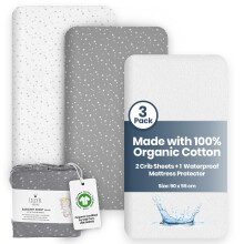 Lilly Belly - Crib Sheets - Pack of 3-90 x 55 cm - Organic Cotton Fitted Crib Sheets | 2+1 Waterproof Protector Compatible with Next to Me Crib