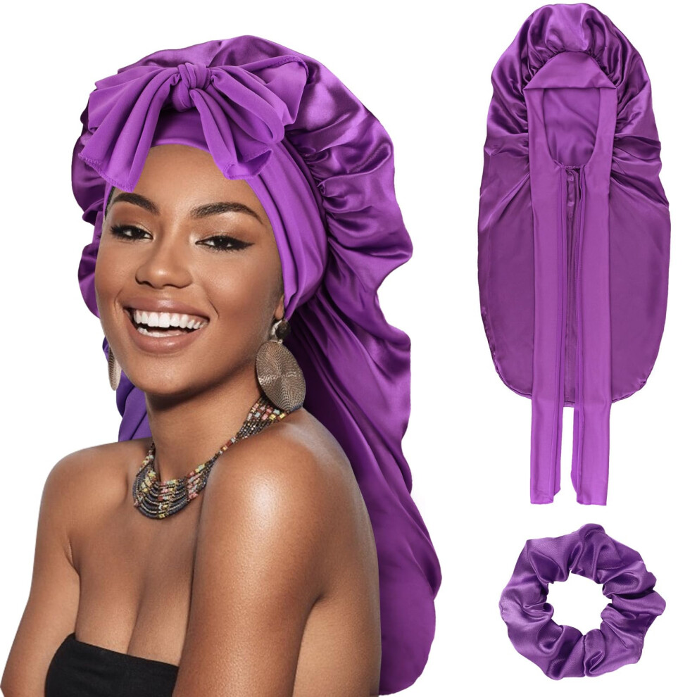DRESHOW Long Satin Braid Bonnet for Women Silk Bonnet for Sleeping Sleep Cap with Elastic Tie Band Night Cap for Long Curly Hair Locs - Image 2