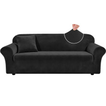 Teynewer Thick Velvet Sofa Covers, 1 Seater Stretch Couch Cover, Black | Non-Slip Plush Soft Sofa Slipcover with 1 Pillowcase
