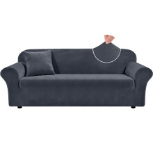 Teynewer Thick Velvet Sofa Covers, 1 Seater Stretch Couch Cover, Dark Grey | Non-Slip Plush Soft Sofa Slipcover with 1 Pillowcase