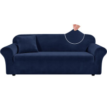 Teynewer Thick Velvet Sofa Covers, 4 Seater Stretch Couch Cover, Blue | Non-Slip Plush Soft Sofa Slipcover with 1 Pillowcase