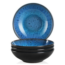vancasso Bubble Stoneware Wide and Deep Pasta Bowl Set, 4-Piece Reactive Glaze Blue Soup Plate, 8.2in Soup Bowl Large Bowl. 950ml/32oz