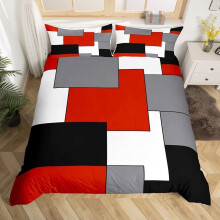 Homewish Red Grey White Black Comforter Cover Teens Geometric Square Duvet Cover King Youth Stripes Lines Bedspread Cover Soft Kids Boys Girls Modern