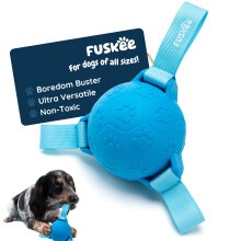 Fuskee Trio-Tag Rubber Dog Ball, Interactive Fetch & Tug Toy, Blue