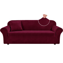 Teynewer Thick Velvet Sofa Covers, 4 Seater Stretch Couch Cover, Red | Non-Slip Plush Soft Sofa Slipcover with 1 Pillowcase