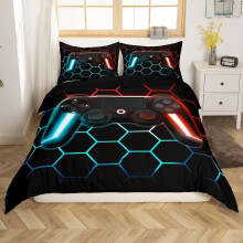 Homewish Gaming Duvet Cover Single Size Gamer Comforter Cover For Boys Girls Kids Teens Soft Microfiber Red Blue Honeycomb Bedding Set Gradient Game