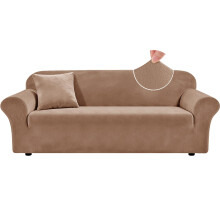 Teynewer Thick Velvet Sofa Covers, 3 Seater Stretch Couch Cover, Khaki | Non-Slip Plush Soft Sofa Slipcover with 1 Pillowcase